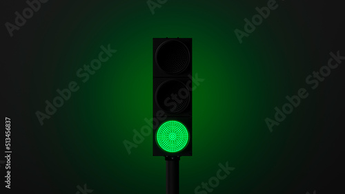 glowing green traffic light with green backlight on a dark wall. Symbol of movement or go. 3d render