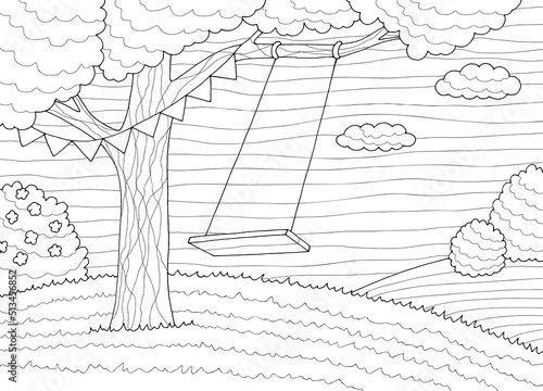 Tree swing coloring graphic black white forest glade landscape sketch illustration vector 