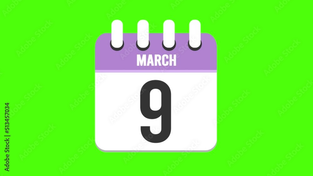 March 9. Calendar appearing, with the pages dropping down to the date march 9. Green background, chroma key March 9. Calendar appearing, with the pages dropping down to the date march 9. Green background, chroma key