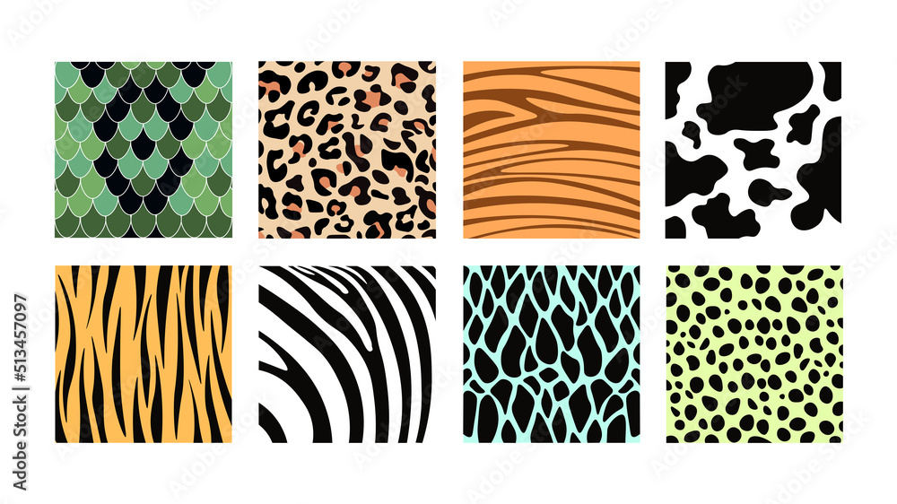 Fototapeta premium Set of colorful animal prints in cartoon style. Vector illustration of animal skin patterns with snakes, lizards, crocodiles, cows, tigers, leopards, zebras on white background.