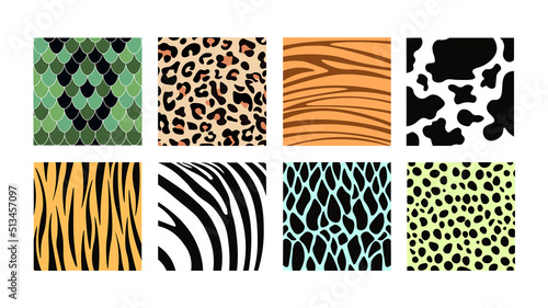 Set of colorful animal prints in cartoon style. Vector illustration of animal skin patterns with snakes, lizards, crocodiles, cows, tigers, leopards, zebras on white background.