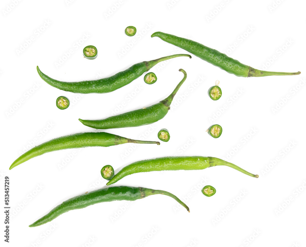 whole lumbre green chili pepper isolated on white background top view