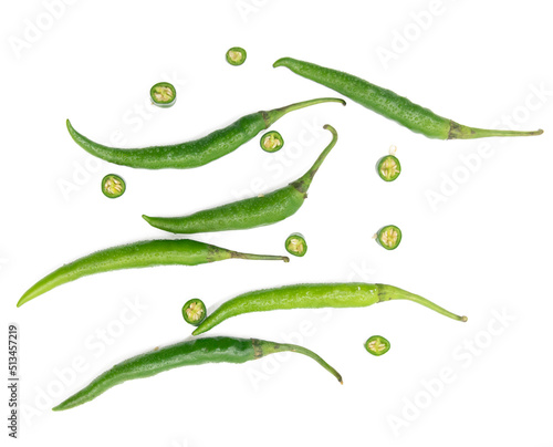 Obraz na płótnie whole lumbre green chili pepper isolated on white background top view w salonie