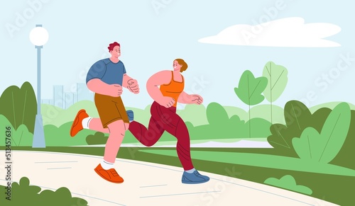 Runners in park. Male and female jogging morning outdoor. Running cartoon characters, healthy lifestyle. Young couple activity on nature, kicky vector scene
