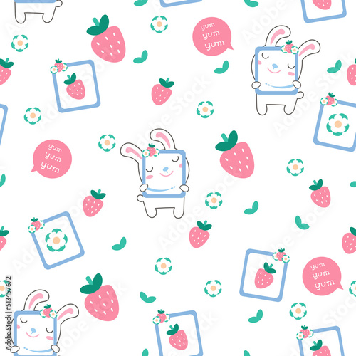 Seamless pattern with cute forest animals in bright colors. Cartoon japanese kawaii style for fabric, background. Vector illustration.