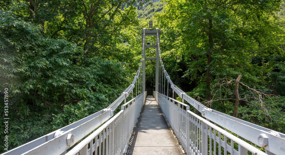 Narrow suspension bridge over Pineios River. Greece, Tempi Vale, Thessaly. Tree foliage background Narrow suspension bridge over Pineios River. Greece, Tempi Vale, Thessaly. Tree foliage background