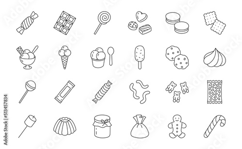 Foto Sweets doodle illustration including icons - candy, marmalade bears, chocolate biscuit, pastry, pudding, ice cream, desert, marshmallow, cracker