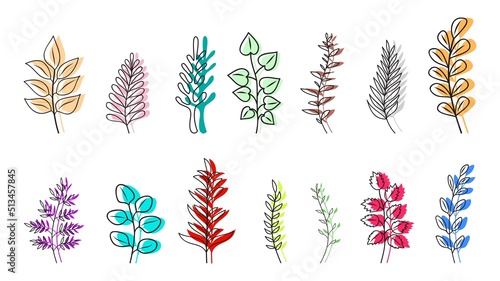 Double exposure branches. Line and colorful silhouettes spring summer leaves. Nature composition, decorative design organic elements, vector kit