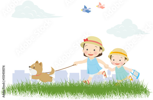 柴犬と散歩する姉妹