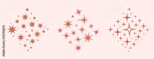 Sparkle elements abstract design. Stencil stars compositions, decorative backgrounds with diverse star. Sparkling sky blink vector symbols