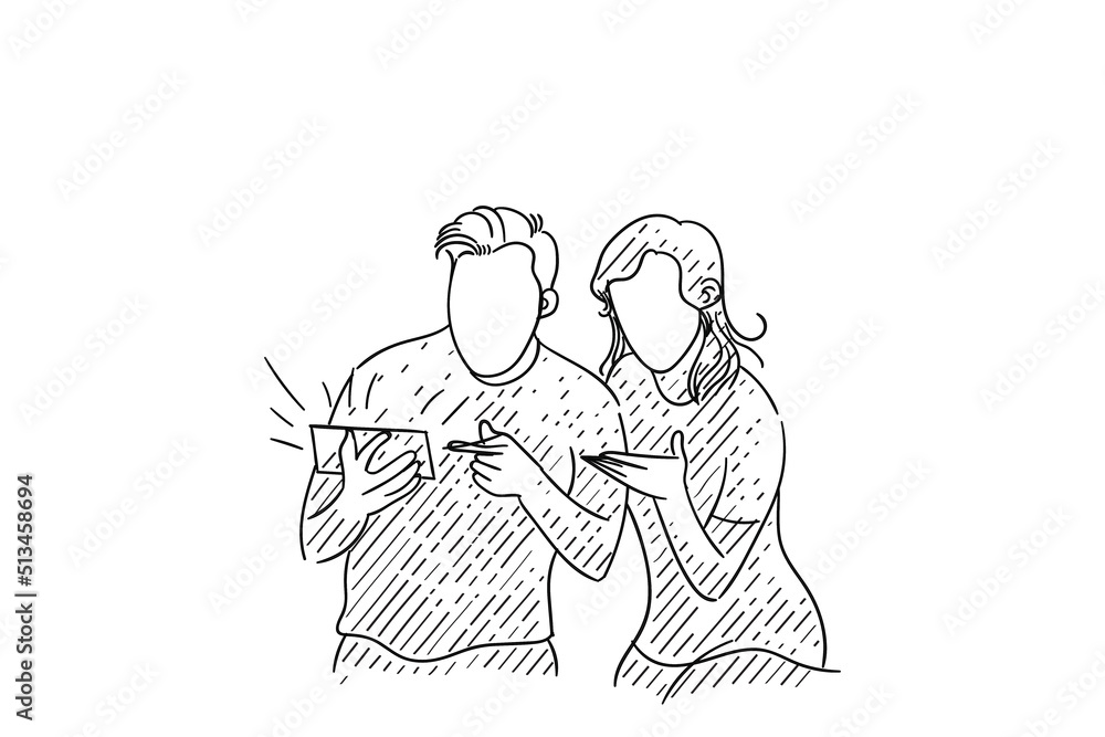 Couple surprised watching video together on a smartphone. Vector illustration design