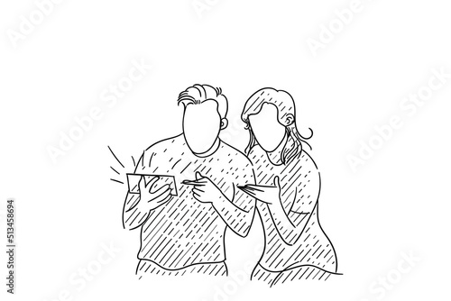 Couple surprised watching video together on a smartphone. Vector illustration design