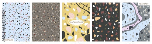 Terrazzo poster. Colorful invites design with tiny marbles particles. Contemporary packaging, mosaic cover or art cards granite effects, decent vector set
