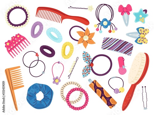 Cartoon hair clips. Stylist accessories, flat plastic hairdressing pin and clip. Equipment fashionable, fabric headband and hairpin decent vector collection