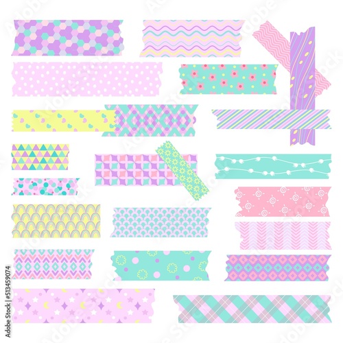 Decorative scotch stripes. Washi tape sticky, scrapbooking band stripes sticker. Scrapbook wrapping ribbon, adhesive tapes pieces nowaday vector set