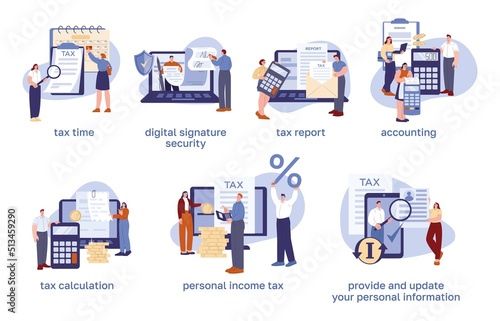 Audit concept. Declaration and accounting, applications or software for audits, account and investment. Tax administration and business revenue kicky vector scenes