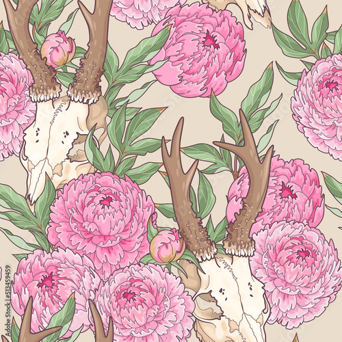 Deer skull and pink peony seamless pattern