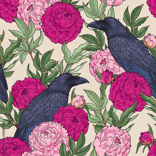 Black raven and pink peony seamless pattern
