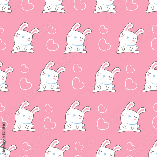 Seamless pattern with cute forest animals. Hares with hearts. Cartoon japanese kawaii style for fabric, background. Vector illustration.