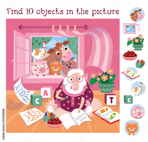Find 10 hidden objects. Educational game for children. Cute sheep in glasses writes letter. Farm animals look into room. Color vector illustration in cartoon style. 