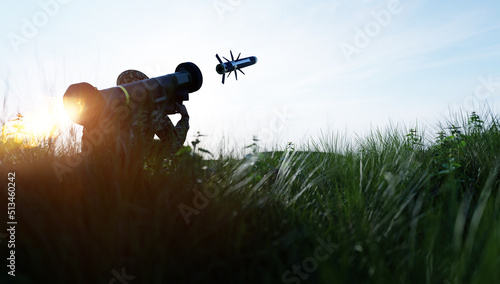 Leinwand Poster Soldier firing anti-tank missile at war
