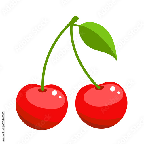Vector cherry icon, illustration of two sweet cherries with leaf isolated of white background, summer red berry