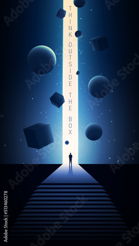 Human in front of portal to another dimension. Surreal vector illustration. Psychology content