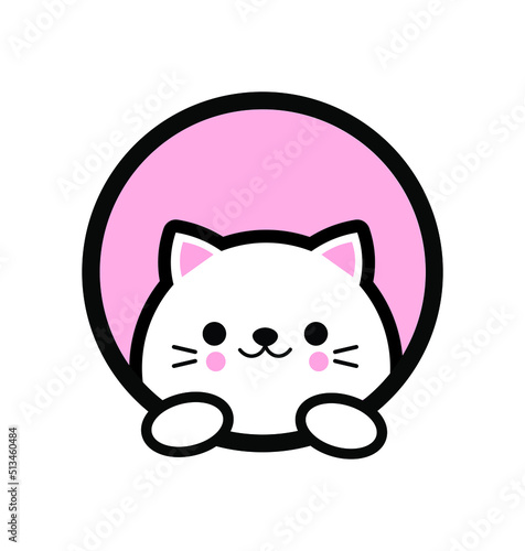 Cute cat peeking out from a window logo, in a trendy style. Isolated on a white background. Vector Illustration.