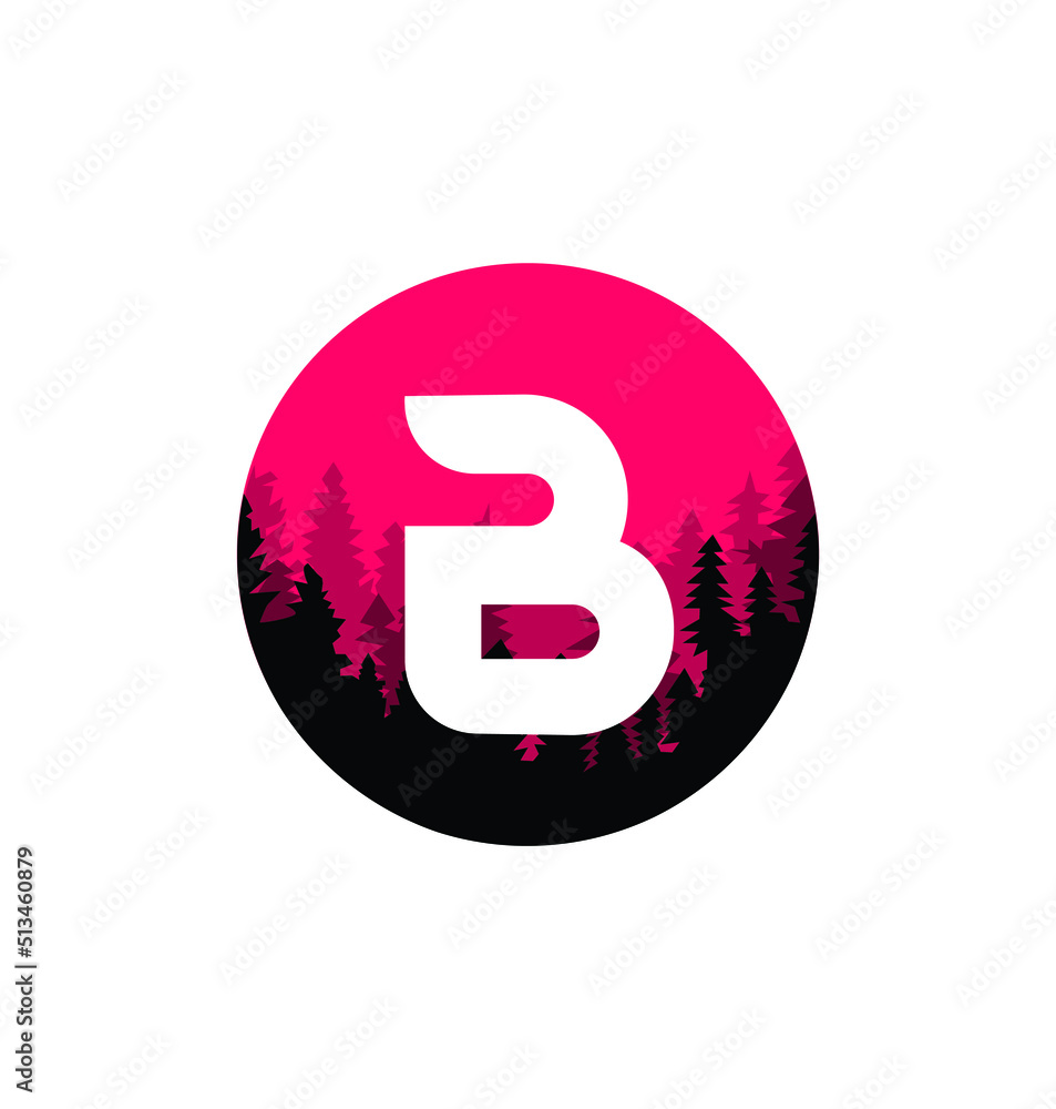 Letter B Logo with Pine Forest, in a trendy style. Isolated on a white background. Vector Illustration. Letter B Logo with Pine Forest, in a trendy style. Isolated on a white background. Vector Illustration.