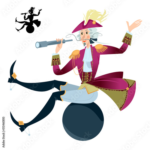 Baron (character of German fairy tale) with spyglass flies on а cannonball photo