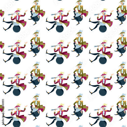 Baron (character of German fairy tale) with spyglass flies on а cannonball. Seamless background pattern.