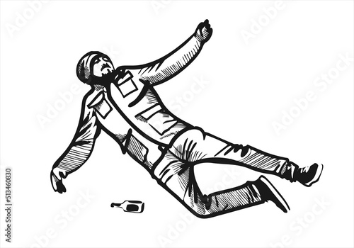 A young homeless bearded and mustachioed drunk man in a winter coat, hat and gloves lies in the flor next to a bottle of whiskey. Vector illustration, top view.Alcoholism and addiction concept. EPS 10