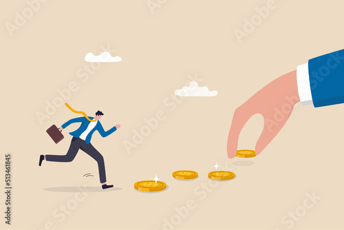 Fotografie, Tablou Follow the money, chasing for investment yield, profit or earning, change job for better salary or wages, greed or investing opportunity concept, greedy businessman running to grab money coin trail