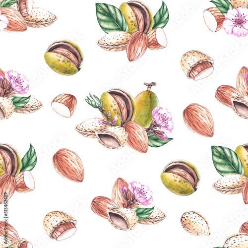 Watercolor pattern with almond nuts