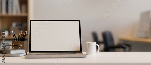 Wallpaper Mural Modern office desk workspace tabletop with portable laptop mockup and stationery. Torontodigital.ca