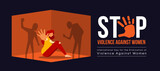 International Day for the Elimination of Violence Against Women - The woman sitting on the floor and raised her hand to defend herself from shadow human attacked vector design