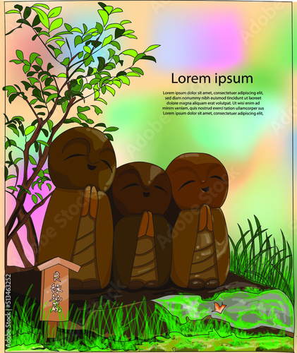 a zen stone statue, and a Jizo bodhisattva statue. Japanese traditional statue Jizo is the guardian of children and travelers in a set of Buddhist character symbols vector illustration