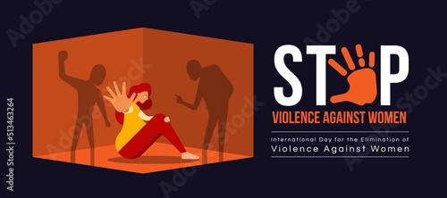 International Day for the Elimination of Violence Against Women - The woman sitting on the floor and raised her hand to defend herself from shadow human attacked vector design