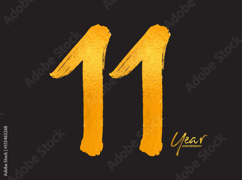 Gold 11 Years Anniversary Celebration Vector Template, 11 Years  logo design, 11th birthday, Gold Lettering Numbers brush drawing hand drawn sketch, number logo design vector illustration