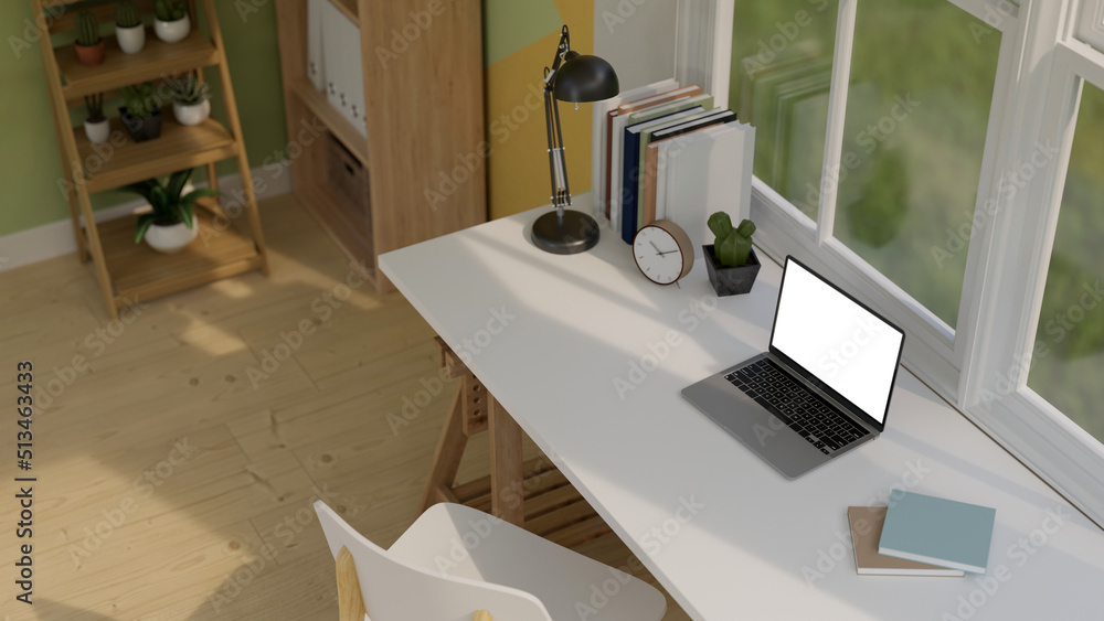 Minimal Scandinavian home office room interior with laptop mockup on table against the window