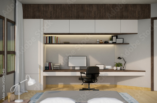 Home workplace in modern bedroom with PC computer and accessories on built-in shelves