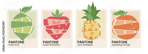Sliced fruit card. Pantone with fruits. Retro 90s 80s 70s groovy posters. Orange. Strawberry. Pineapple. Lime. Modern trendy print. Hand drawn fruit. Vector illustration