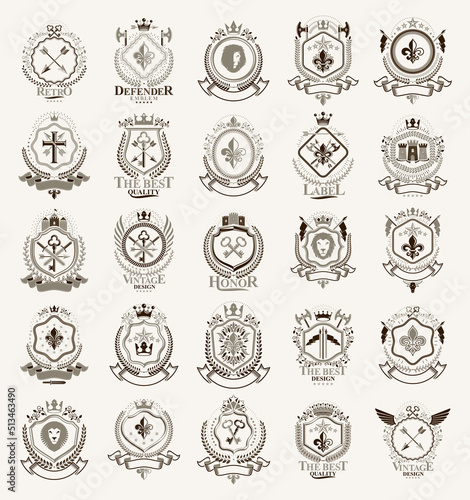 Heraldic Coat of Arms vector big set, vintage antique heraldic badges and awards collection, symbols in classic style design elements, family or business logos.