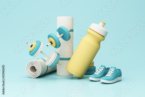 3D render illustration, sport fitness equipment, male and female concept, yoga mat, bottle of water, dumbbells, weights, with Fitness shoes and isolate on pastel background. 3d render