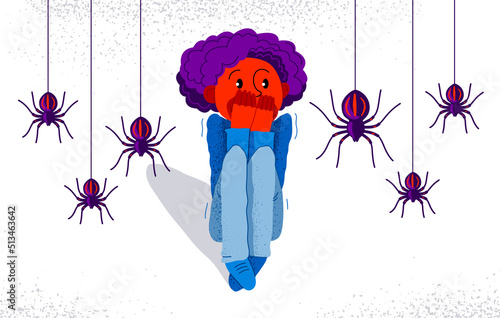 Arachnophobia fear of spiders vector illustration, boy surrounded by spiders scared in panic attack, psychology mental health concept.