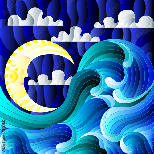 The illustration in stained glass style painting abstract landscape sea waves on the background of  sky and clouds with moon