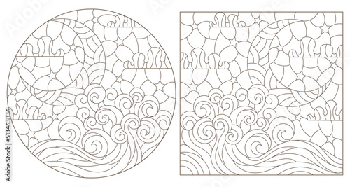 Set contour illustrations in stained glass style abstract landscape,  the moon in the sky and the sea, white background