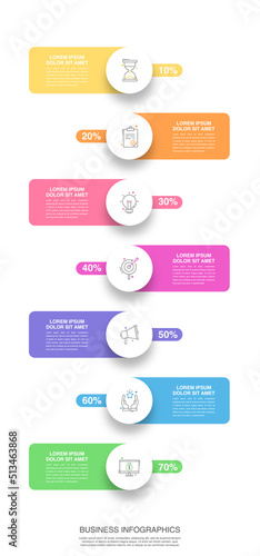 Vector timeline infographic design with circles and labels. Business colorful template with 7 steps.