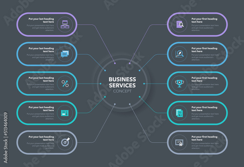 Modern business services concept with ten stages - dark version. Easy to use for your website or presentation.