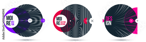 Graphic design elements vector set, moire trendy layouts with circles, posters and covers abstract modern art, optical art banners.